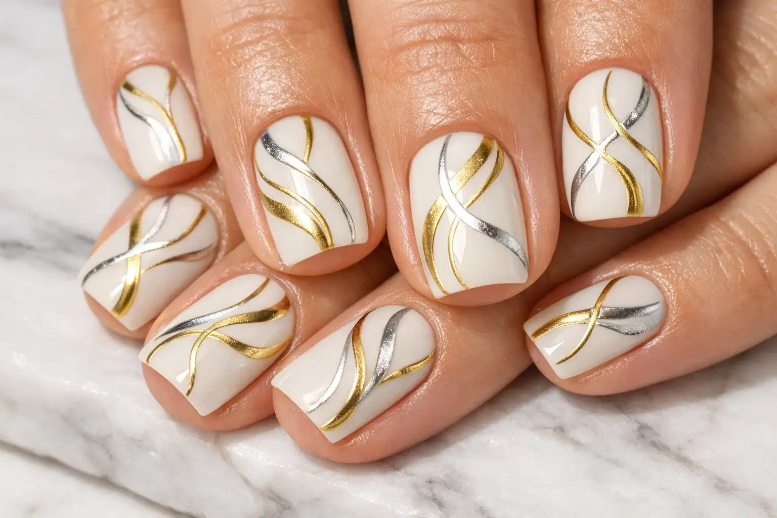 Square Nails with Swirling Metallic Art