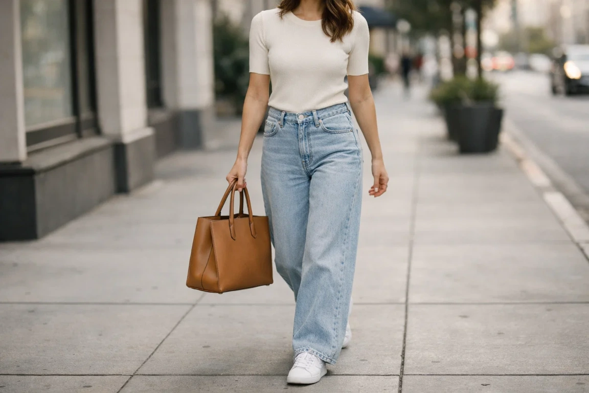 Wide-Leg Jeans with a Fitted Ribbed Top