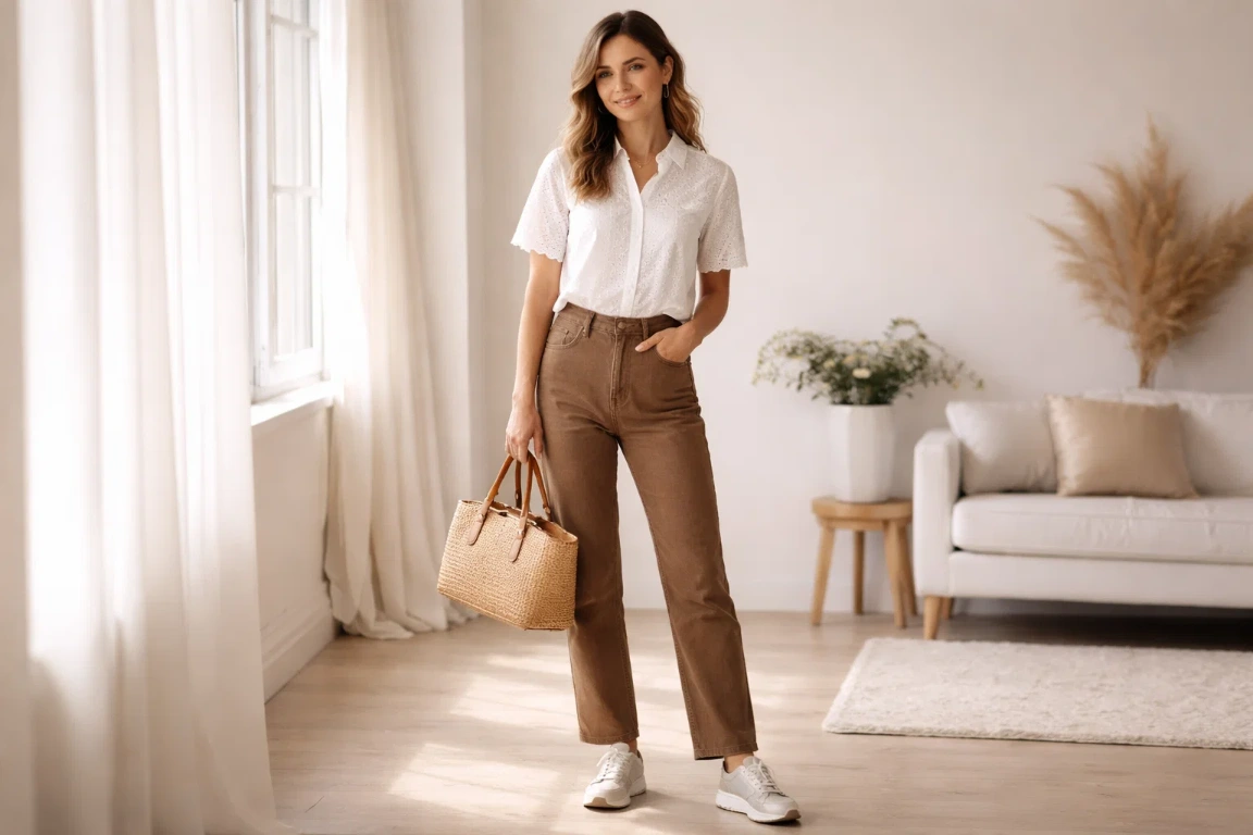 White Eyelet Top with Earthy Brown Jeans