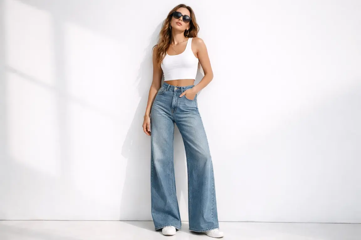 Wide-Leg Jeans and a Fitted Crop Top