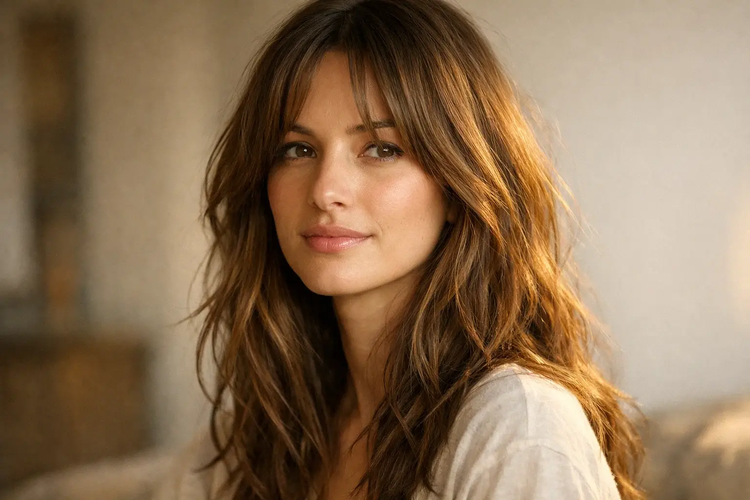 Grown-Out Bangs Blended into Long Wavy Layers