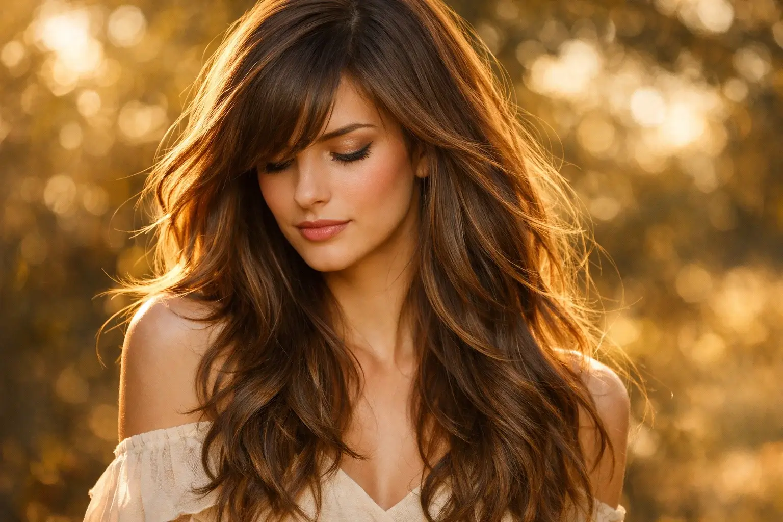 Waterfall Layers with Side Swept Wavy Bangs