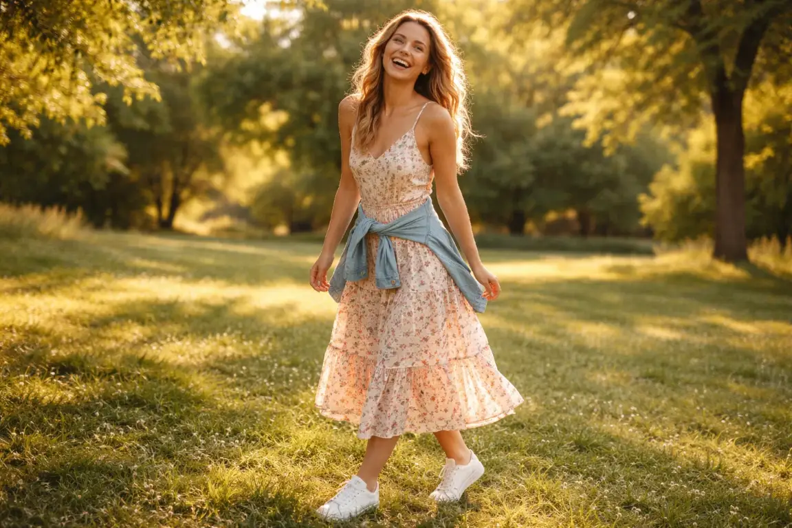 A Floral Midi Dress with White Sneakers