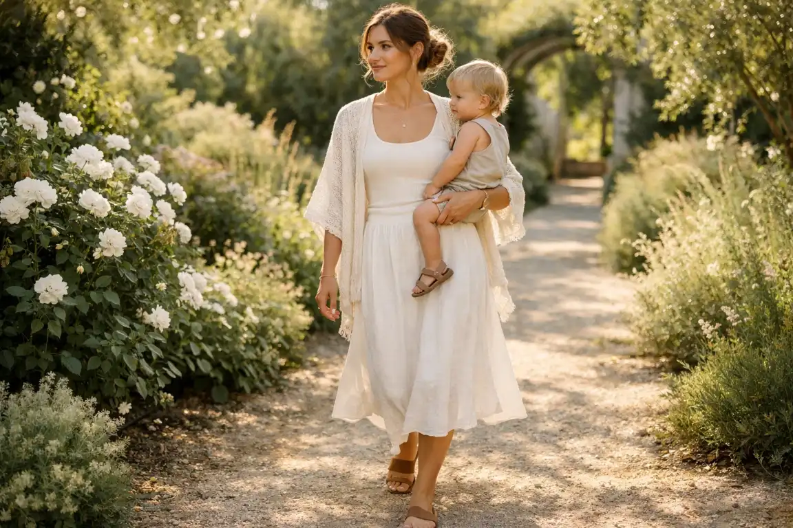White Linen Midi Skirt with a Fitted Ribbed Tank