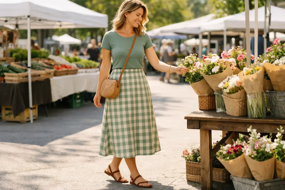 Gingham Midi Skirt with a Plain Fitted Top