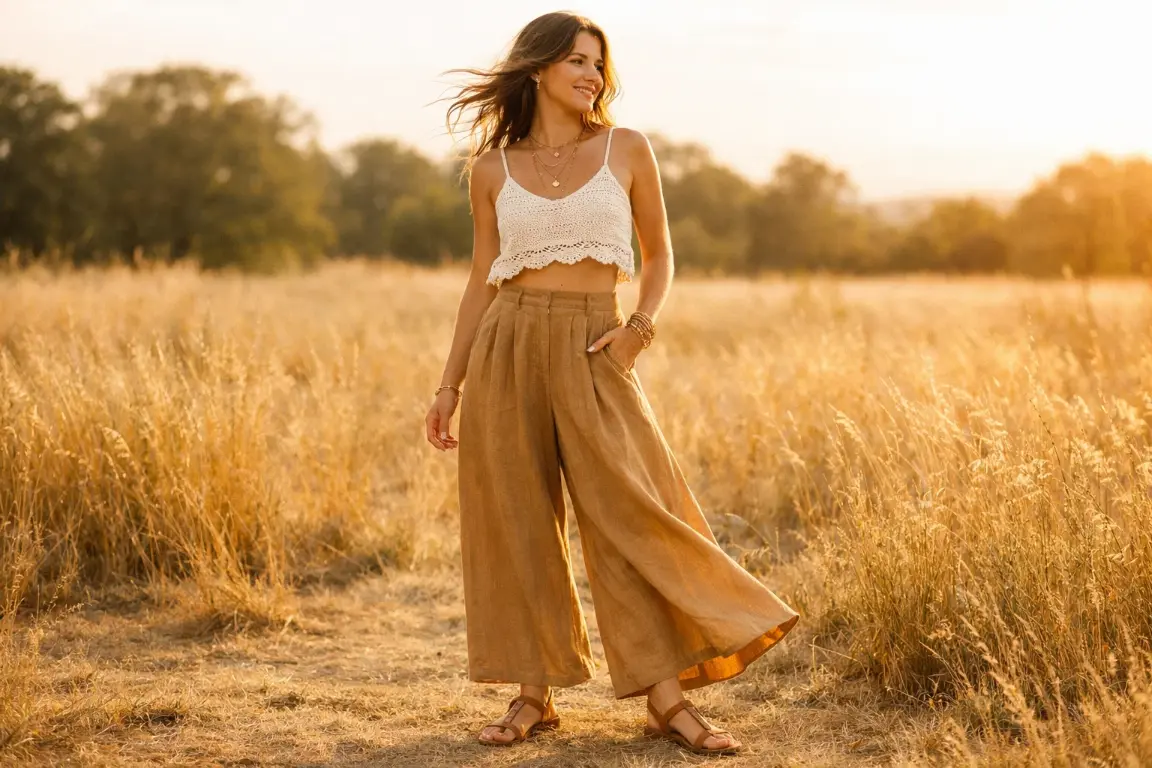 A Boho Crop Top with High-Waisted Wide-Leg Linen Trousers