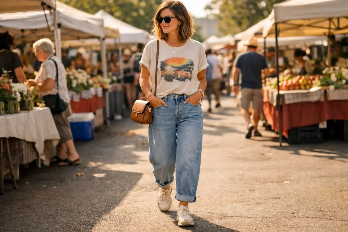 Barrel Jeans with a Vintage-Inspired Graphic Tee