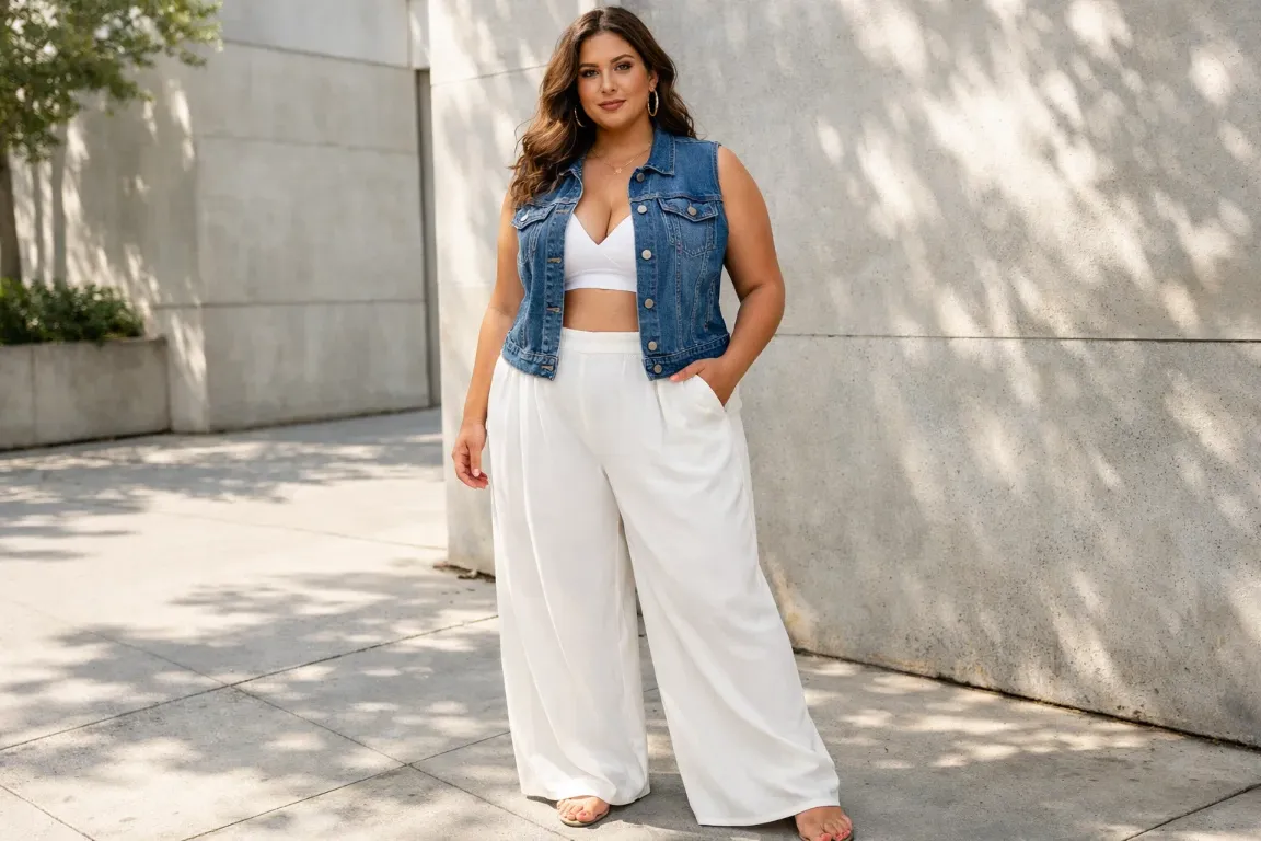 Denim Vest with Flowy Wide-Leg Trousers