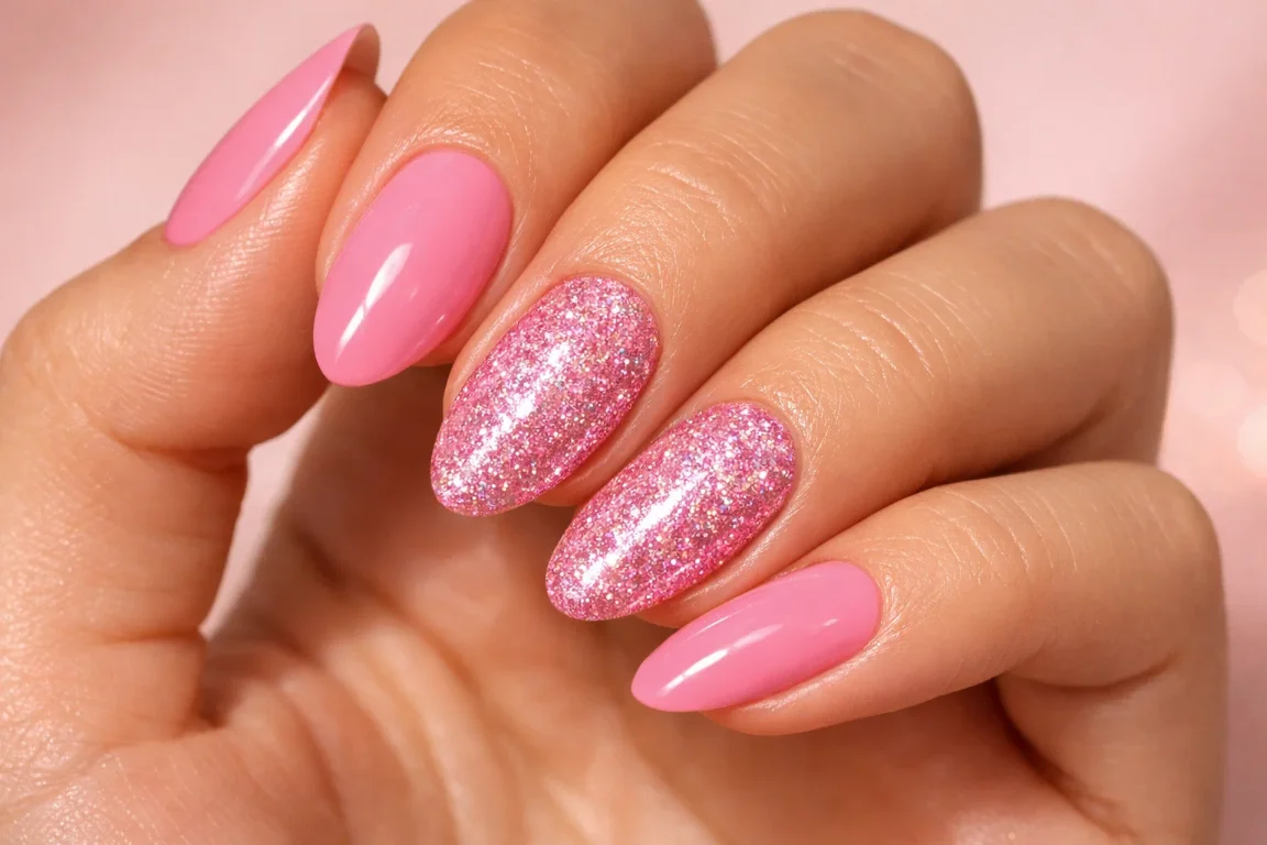 Pink Glitter Accent Nails