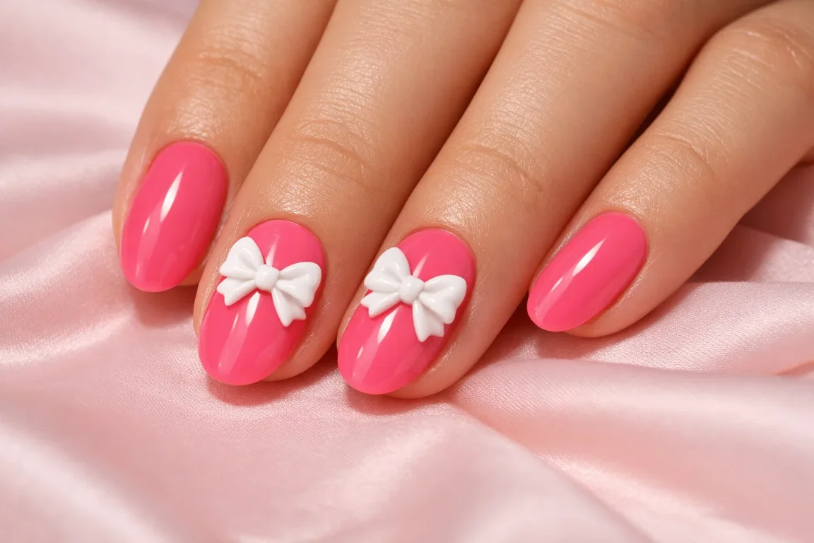 3D Bow Accent Pink Nails