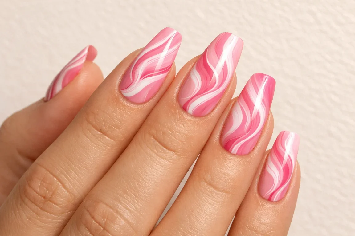 Pink and White Swirl Nail Art