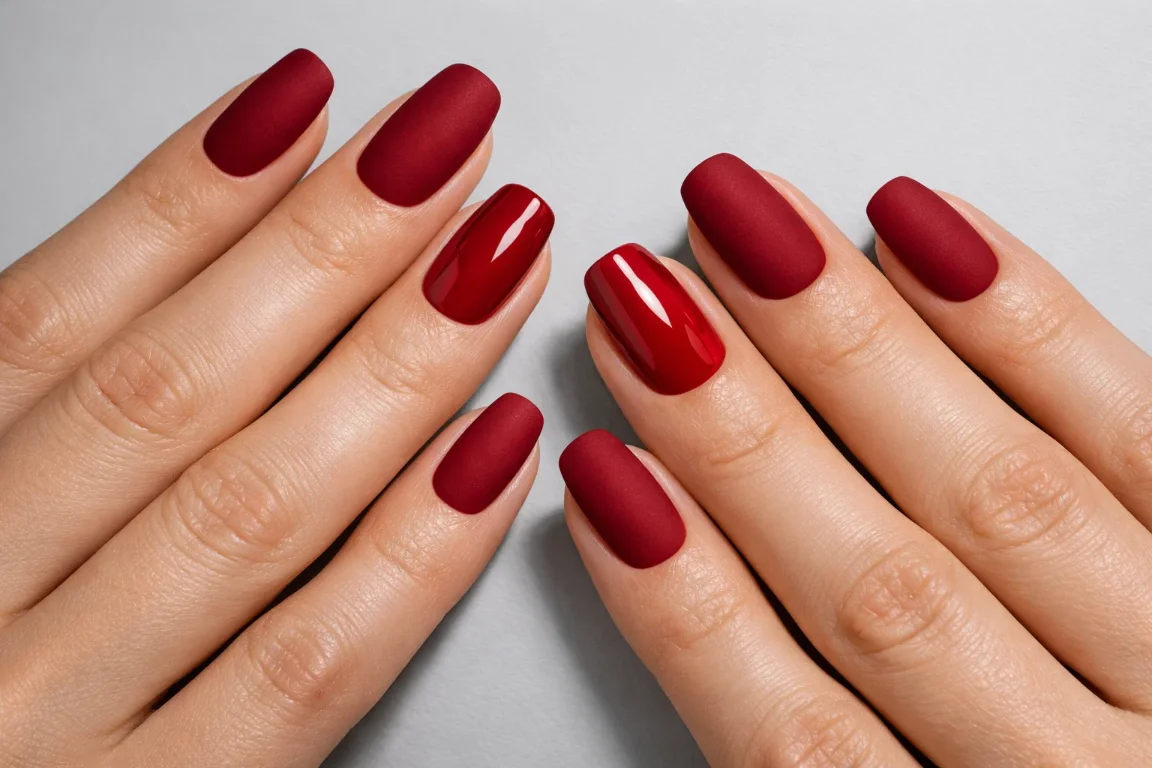 Matte Red with Glossy Accent Nail