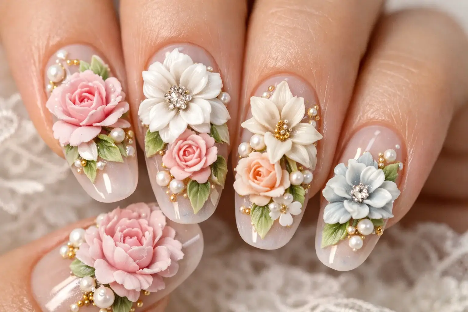 3D Sculptural Floral Gel Nails