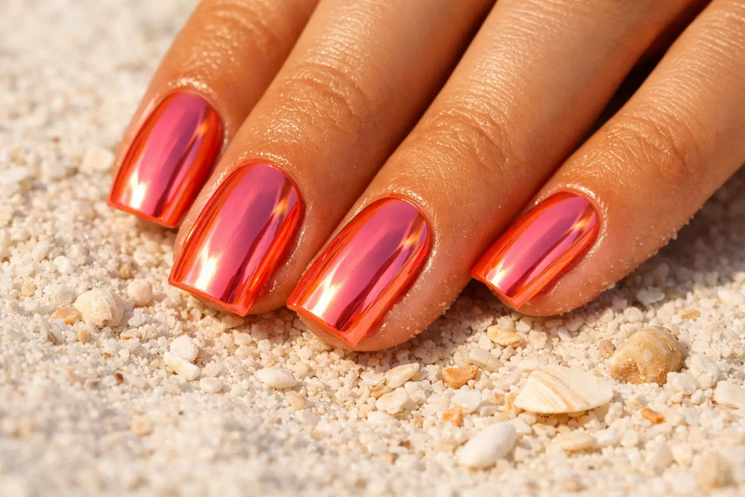 Coral Chrome Square Nails