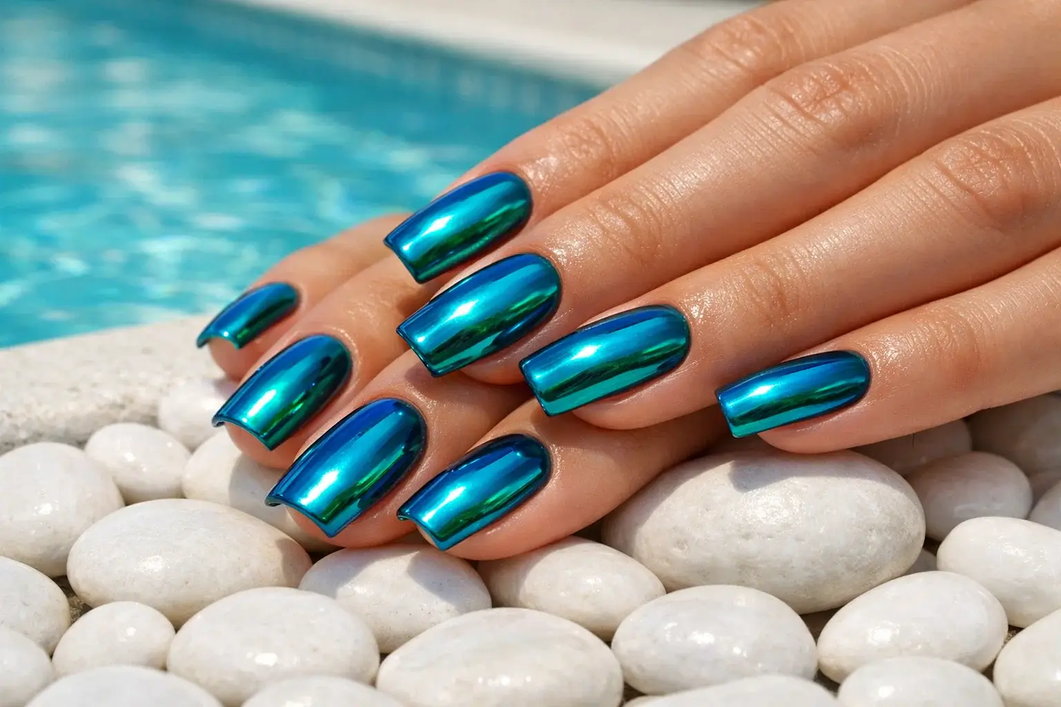 Turquoise Chrome Square Nails