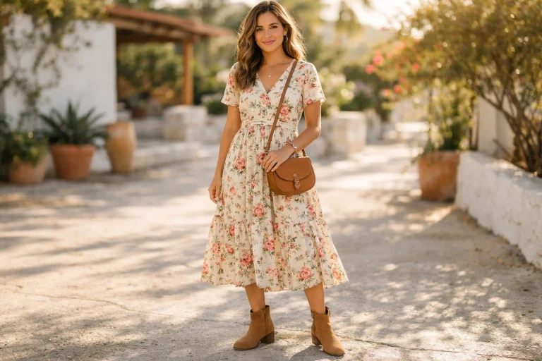 Printed Midi Dresses with Ankle Boots