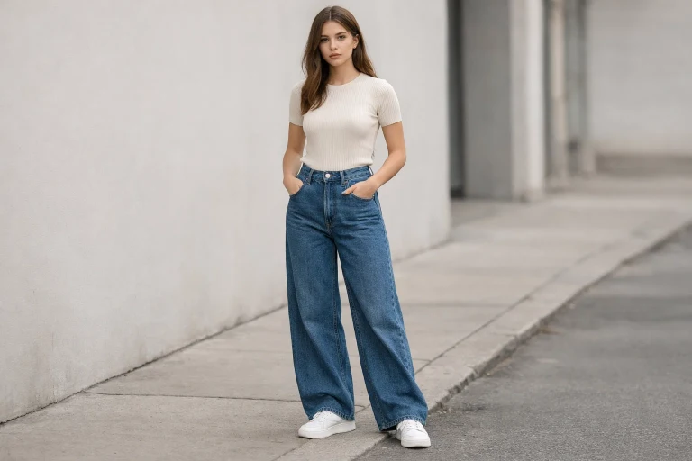 Wide-Leg Jeans with a Fitted Knit Top