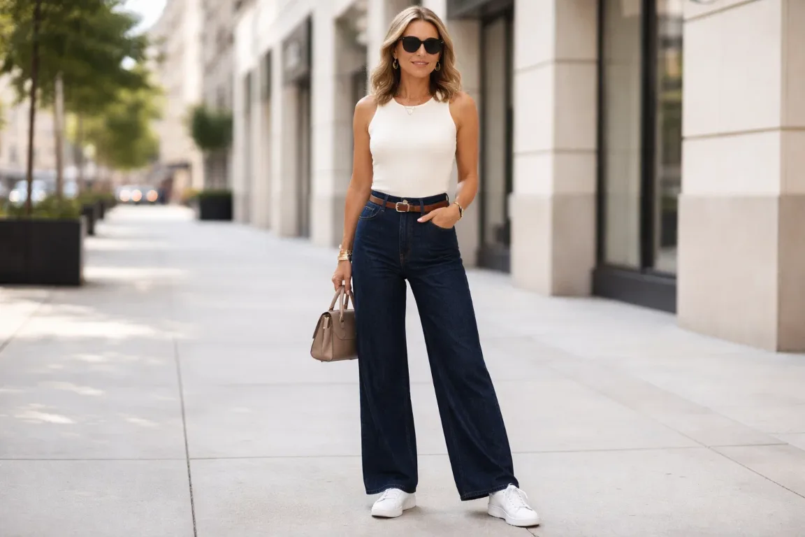 Wide-Leg Jeans with a Fitted Knit Top