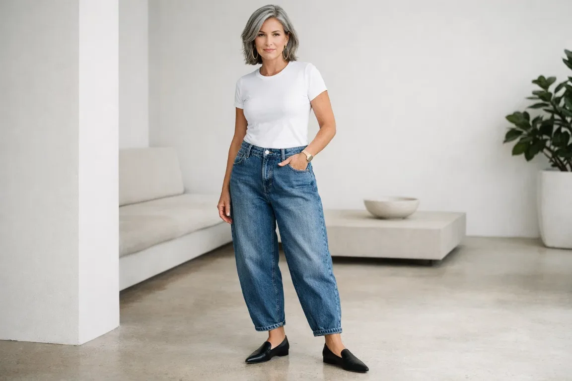 Barrel Jeans with a Tucked Tee