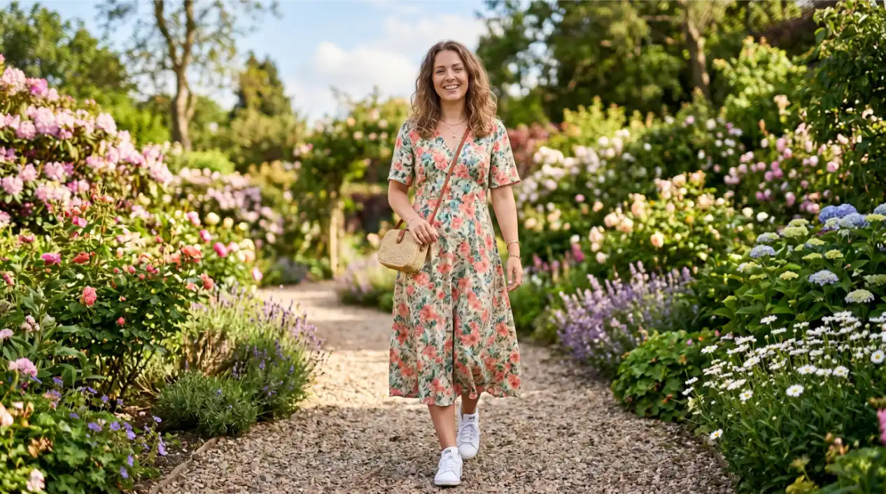 A Floral A-Line Dress with White Sneakers