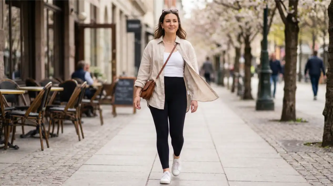 Soft Leggings with an Oversized Linen Shirt Worn Open