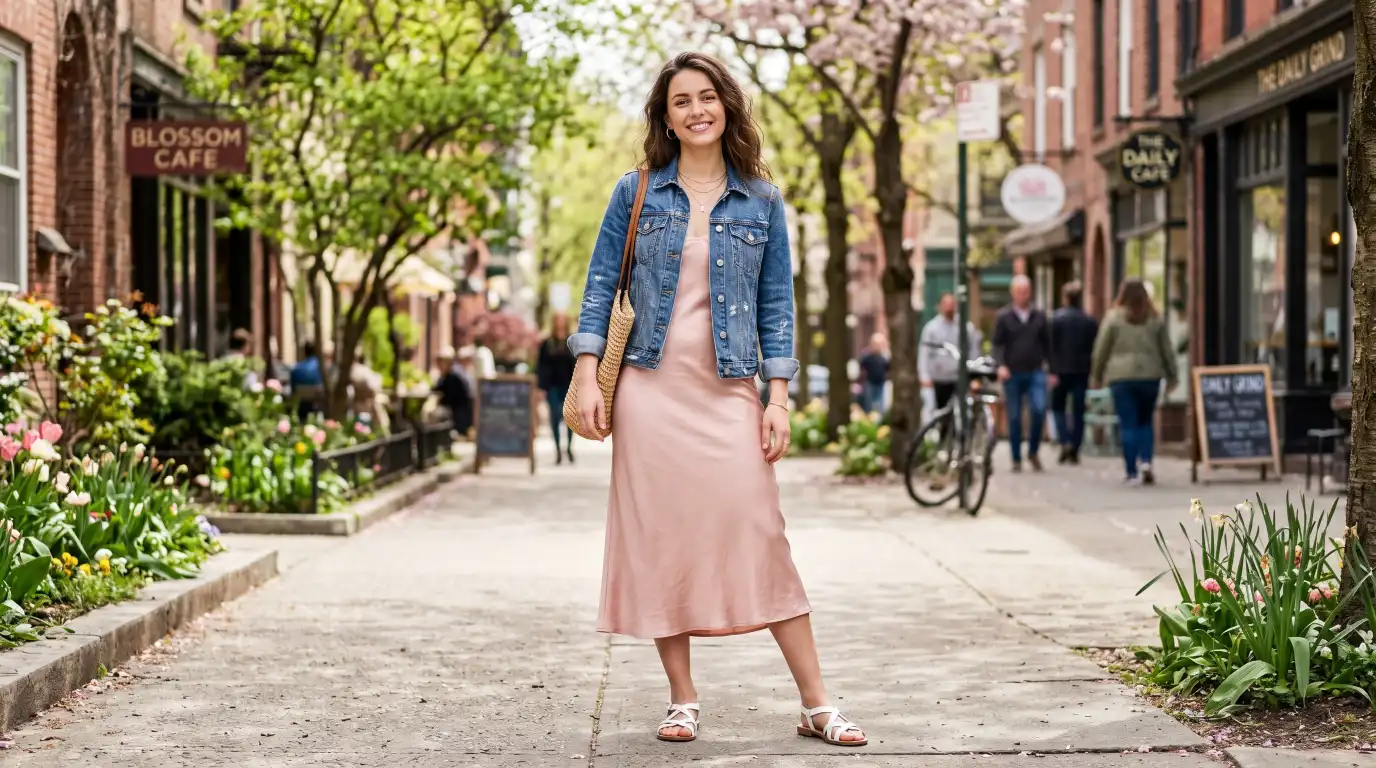 Satin Dress with a Denim Jacket for Casual Spring Styling
