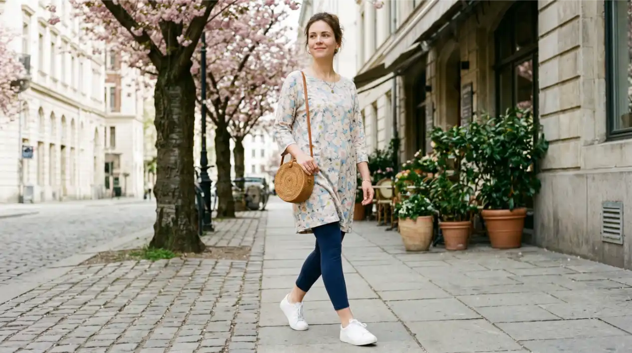 Soft Leggings with a Tunic Dress and Sneakers