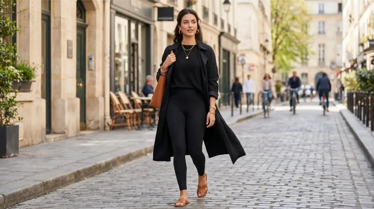 Tonal Black Soft Leggings with Gold Accessories