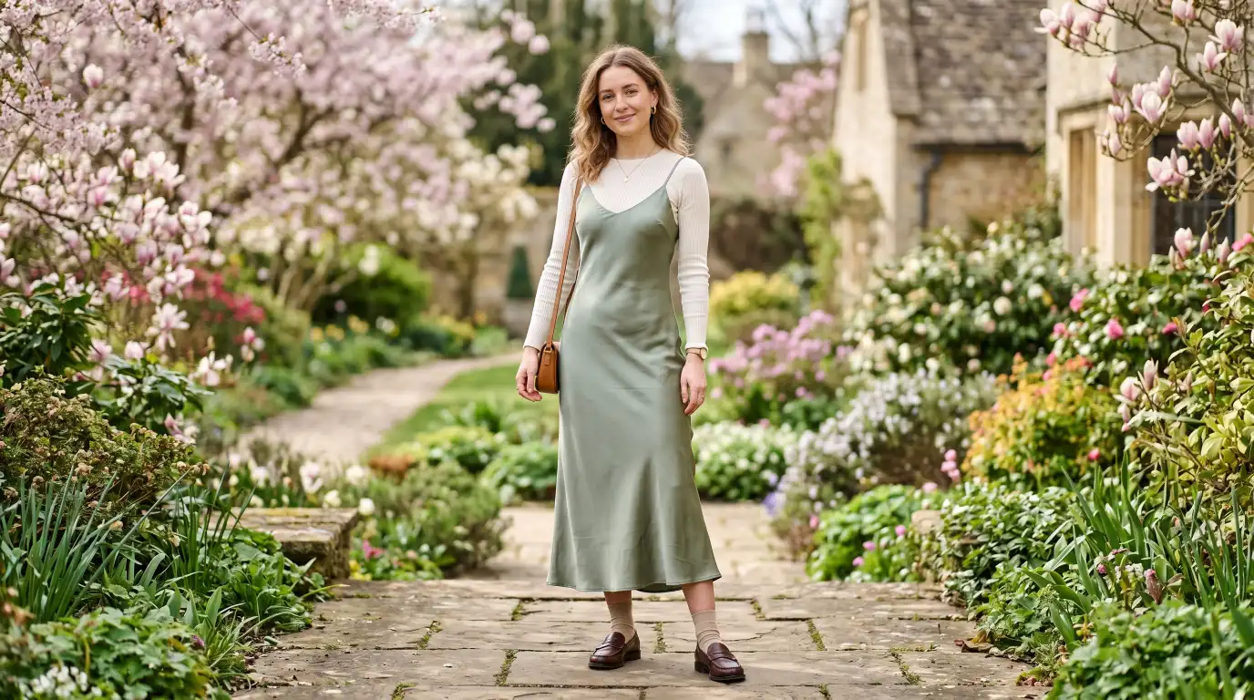 Satin Dress Layered Over a Fine Knit for Cooler Spring Days