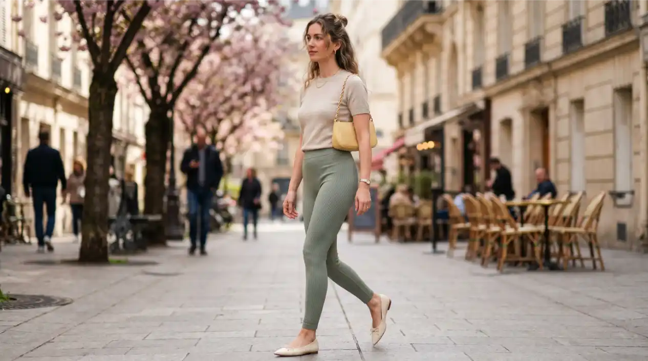 Soft Leggings with Ballet Flats and a Compact Bag