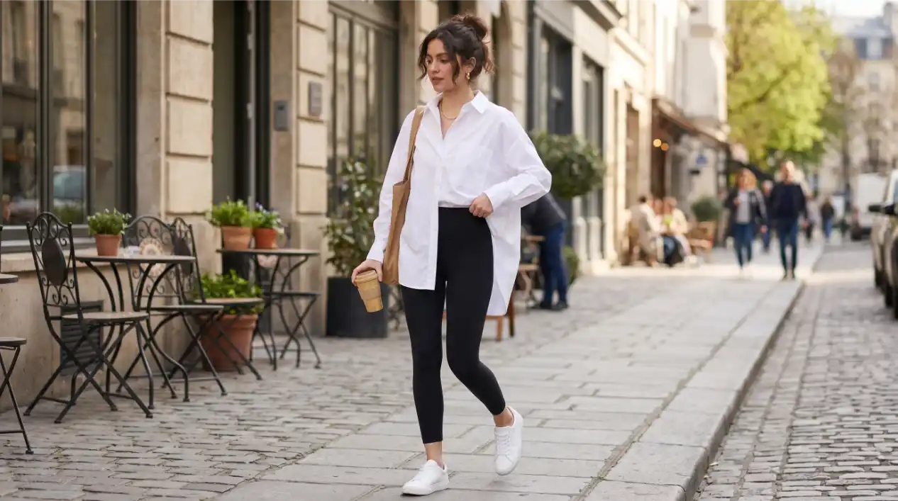 High-Rise Black Leggings with an Oversized White Button-Down