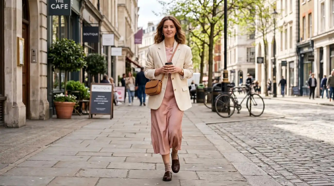 Satin Midi Dress Under an Oversized Blazer