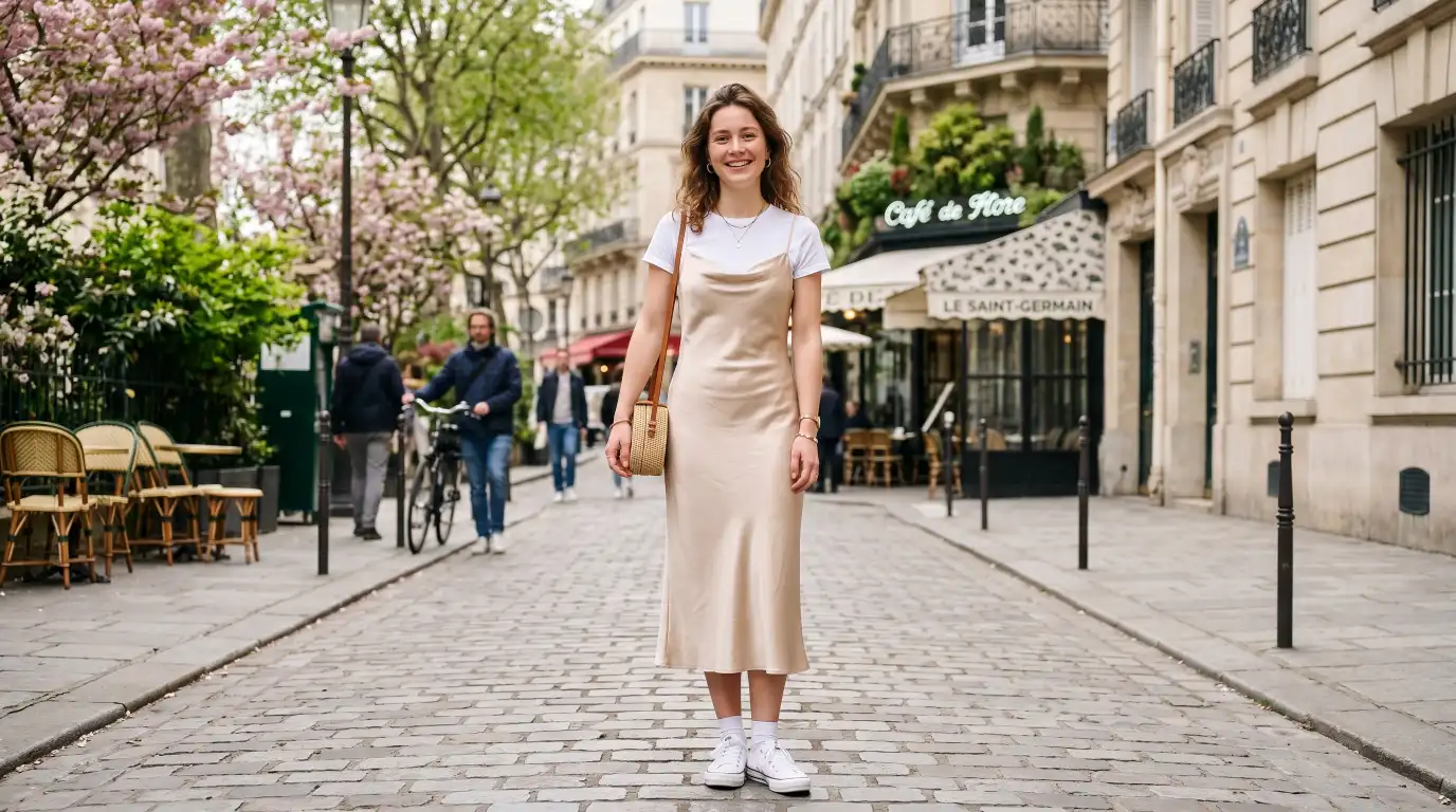 Satin Slip Dress Over a White Fitted Tee