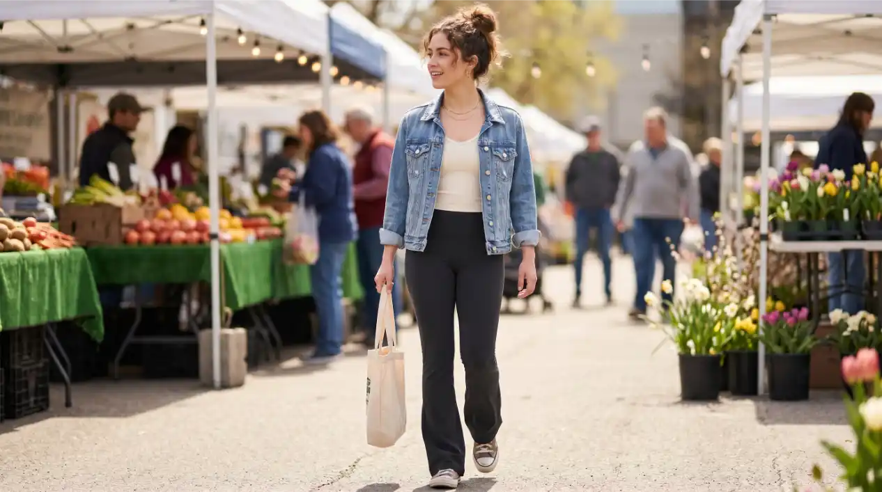 Flared Soft Leggings with a Fitted Tank and Denim Jacket