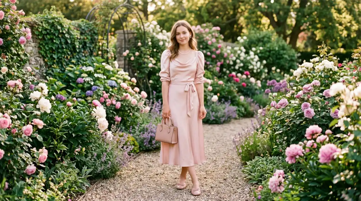 Blush Satin Midi Dress with Ballet Flats