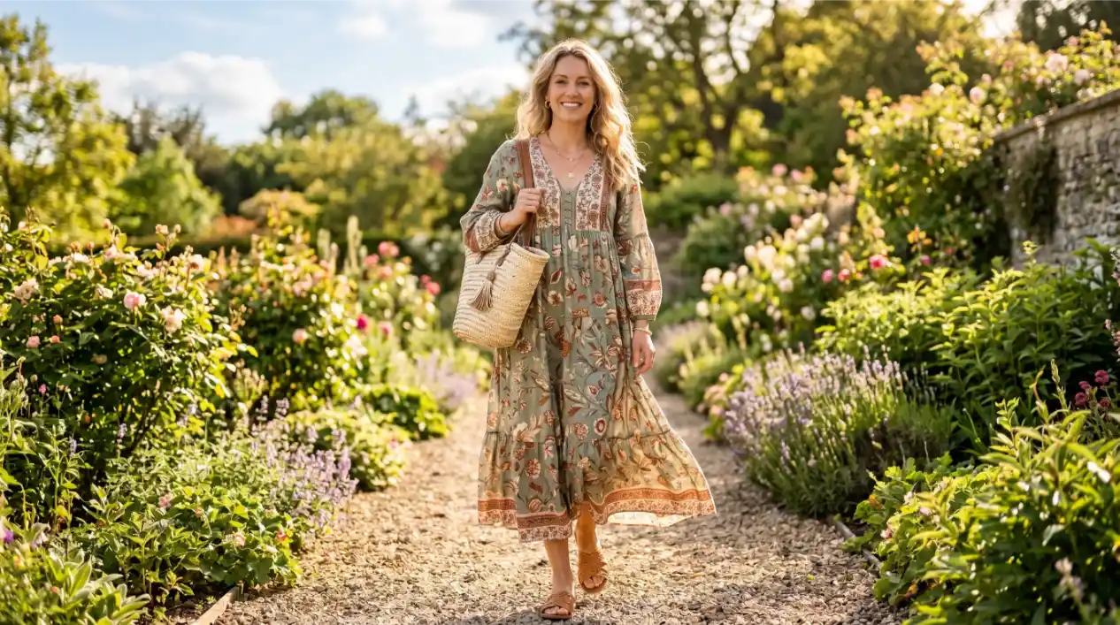 A Boho Cotton Maxi Dress with Flat Sandals