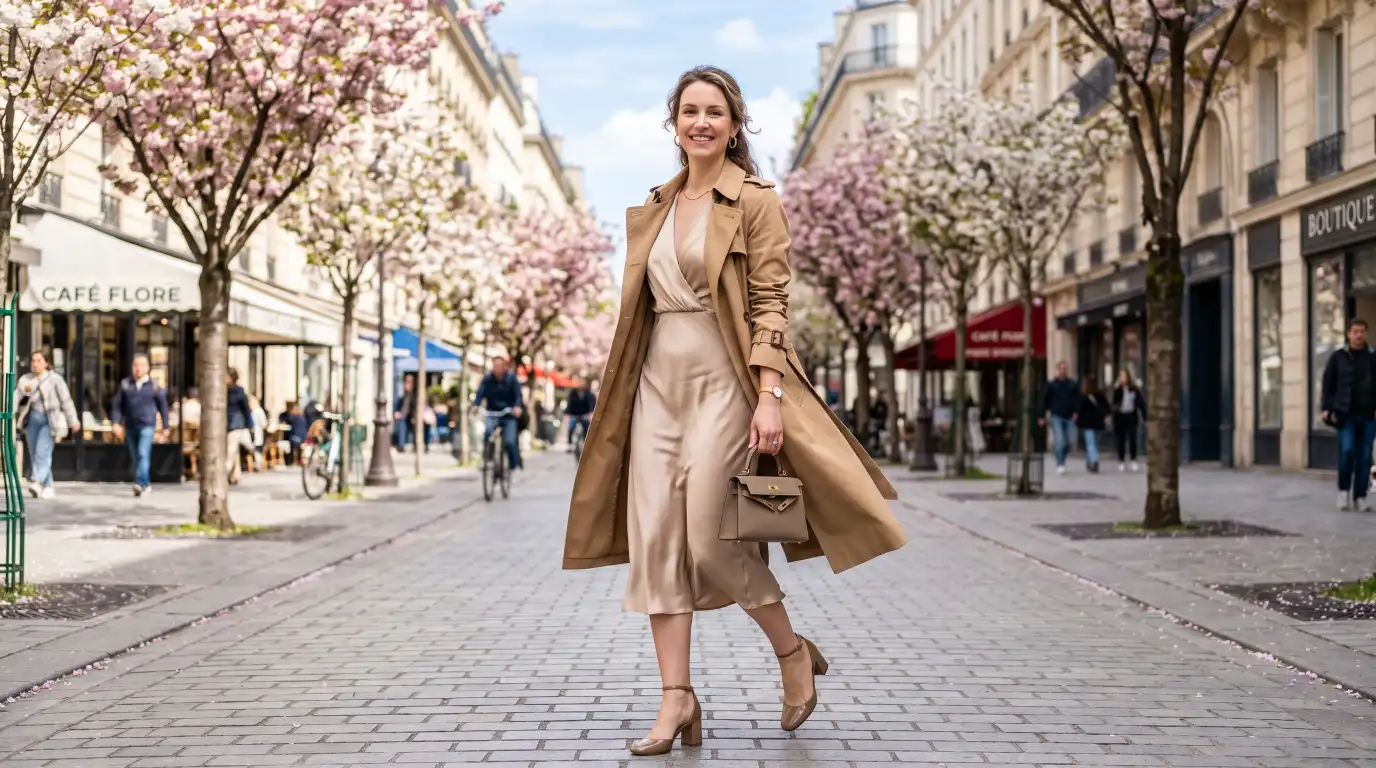 Satin Dress with a Lightweight Trench Coat