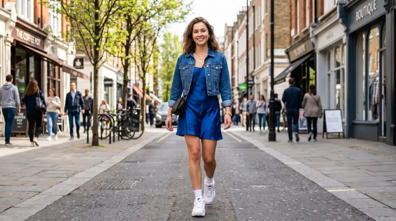 Satin Mini Dress with Chunky Sneakers