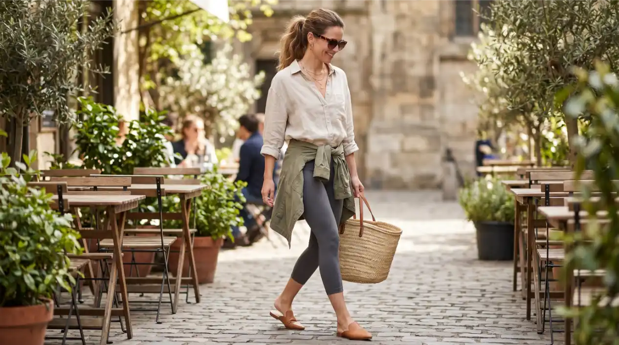 Capri Leggings with Mules and a Breezy Linen Top