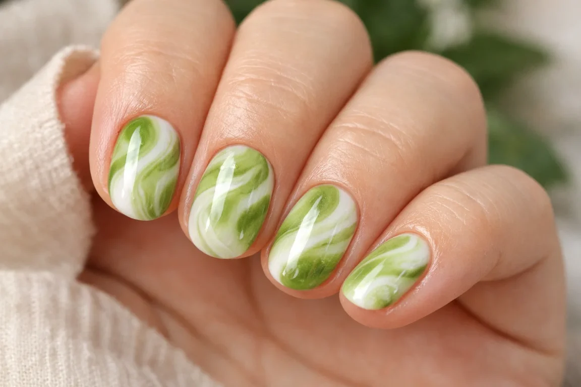 Matcha Marble Gel Nails