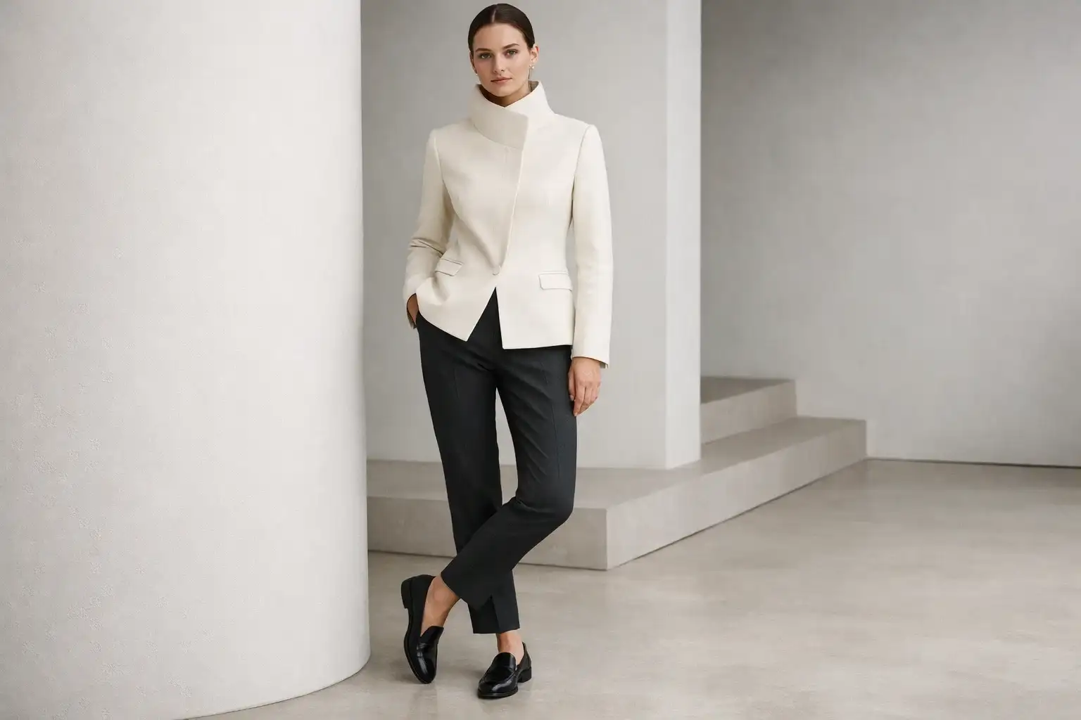 A Funnel-Neck Blazer with Tailored Trousers
