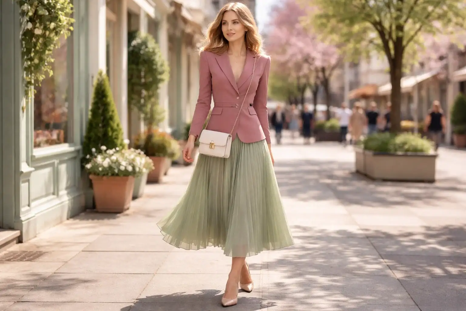 A Cinched-Waist Blazer with a Midi Skirt