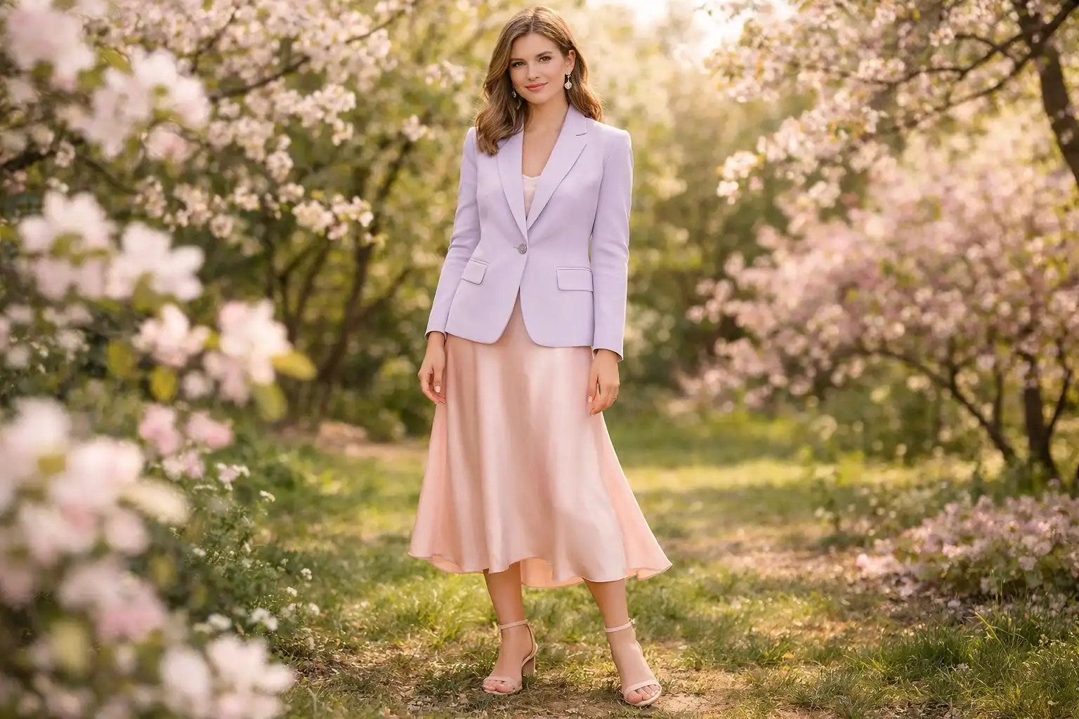 A Pastel Blazer with a Flowy Midi Skirt