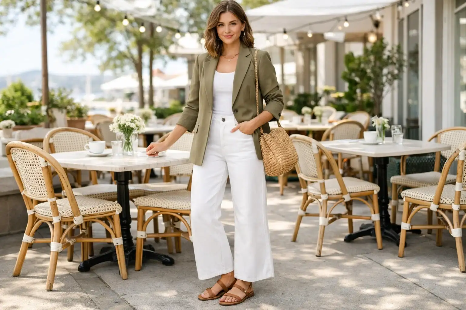 A Khaki Blazer with White Wide-Leg Jeans