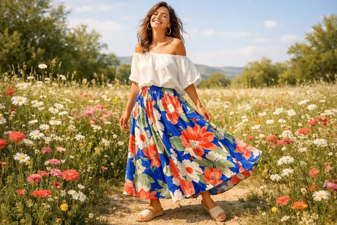 The Floral Maxi Skirt with an Off-Shoulder Blouse