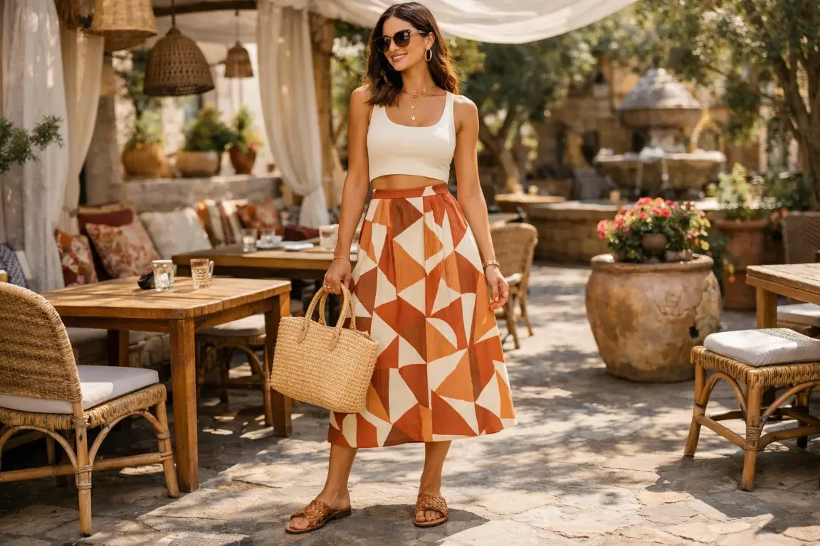 The Geometric Print Skirt with a Neutral Crop Top