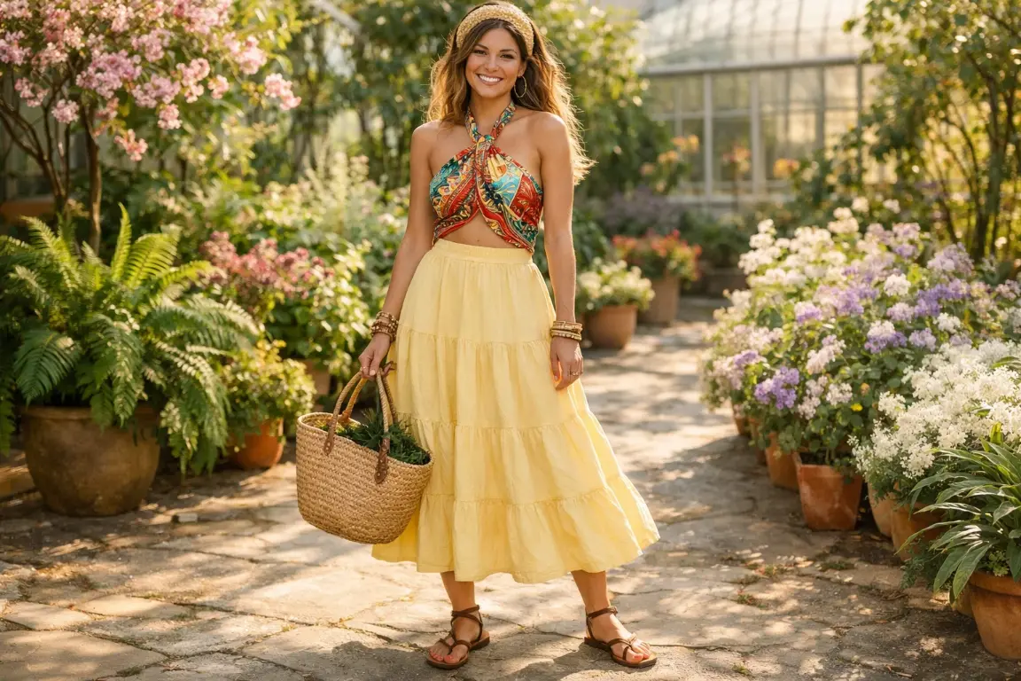 The Butter Yellow Tiered Skirt with a Printed Scarf Top