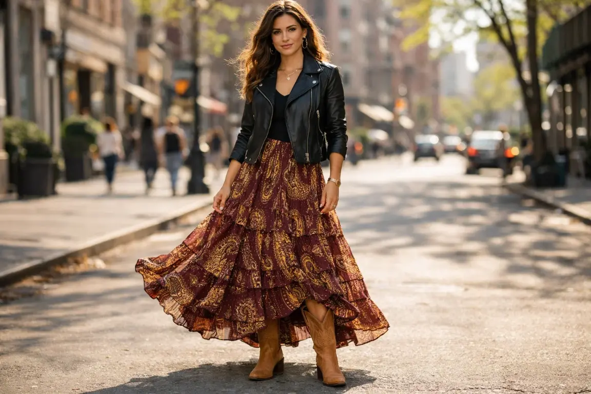 The Paisley Print Maxi with a Leather Jacket