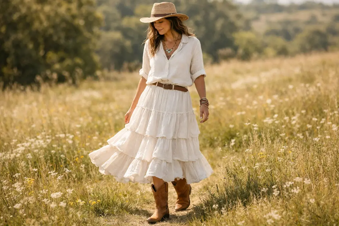 The White Tiered Boho Skirt with Cowboy Boots