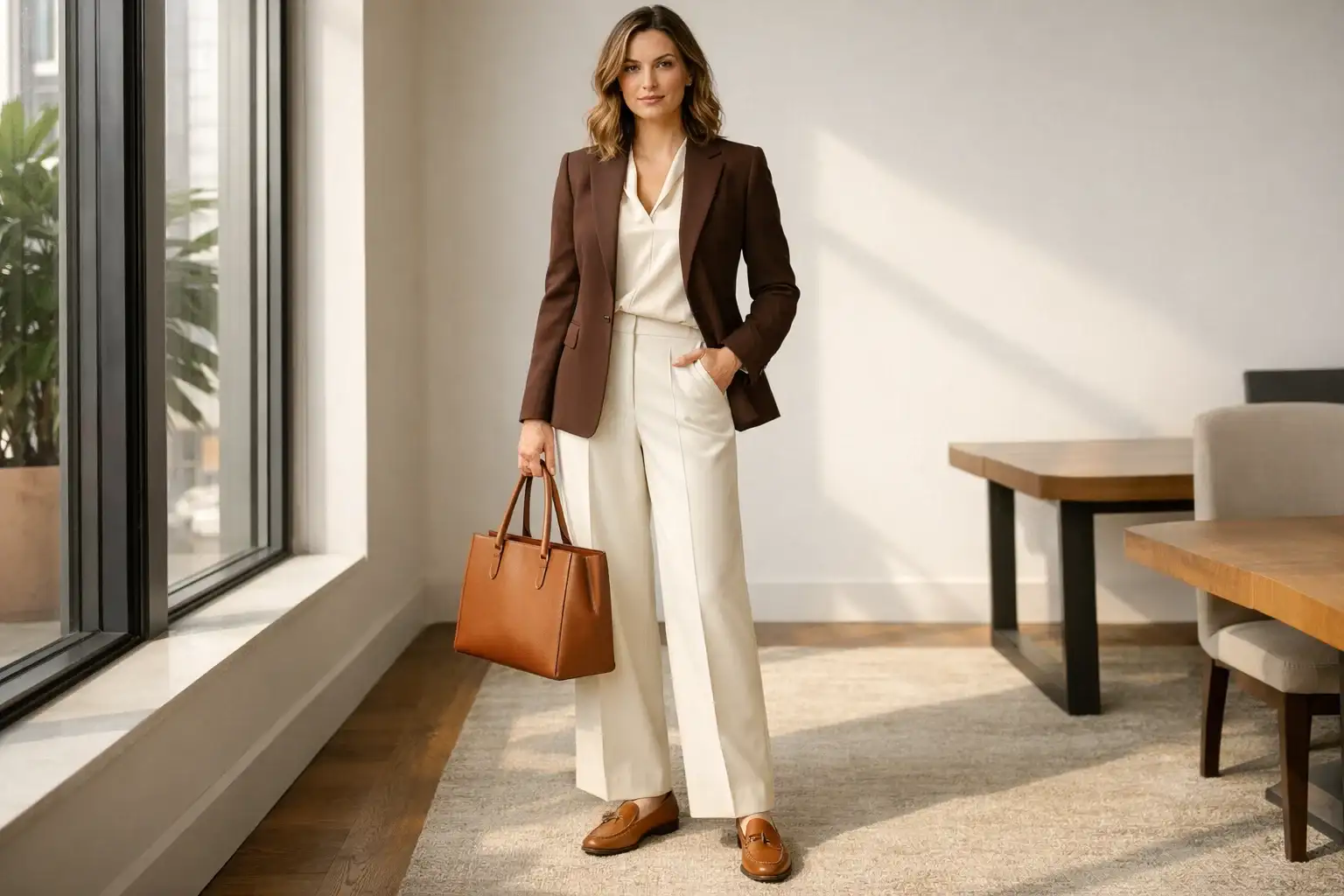 Earthy Tones With a Brown Blazer and Cream Trousers